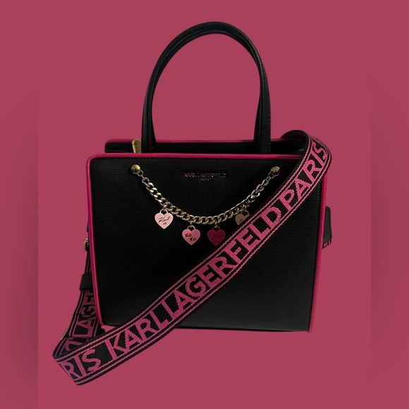 New KARL KAHERFEKD PARIS BLACK FUSCHIA LOVE STYLE CROSSBODY BAG - Picture 2 of 16